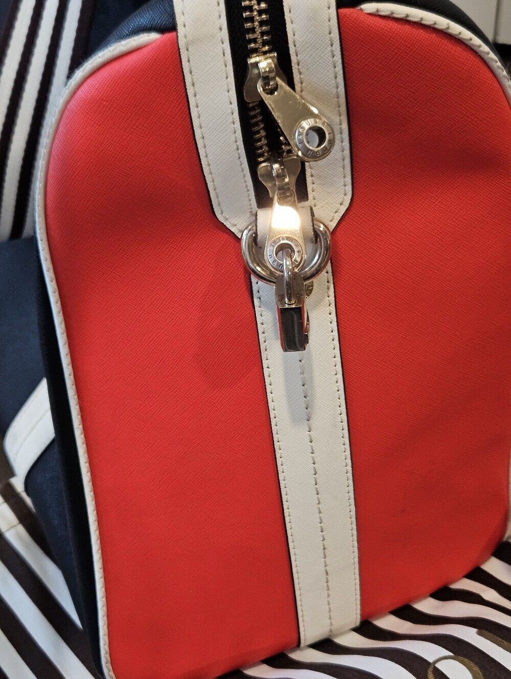 Henri Bendel Convertible Weekender Satchel Colorblock, Striped Strap, Lock & Key - Picture 8 of 15